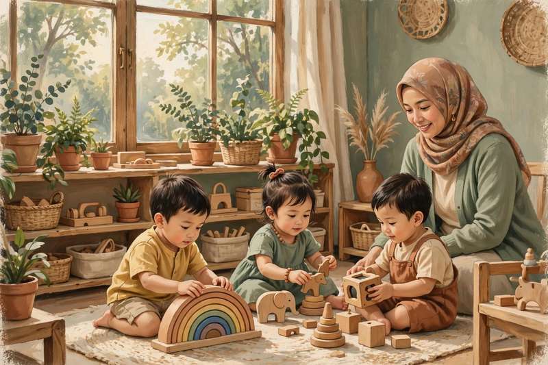 Guru mendampingi anak-anak bermain dengan mainan kayu di kelas Ziel Kids Club yang hangat